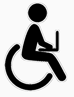 Outline of a person in a wheelchair with a laptop