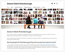Screen capture of new website design for Decent Work Peterborough